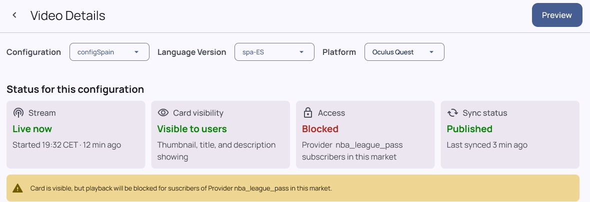 Video Details — resolved config, language, and platform view