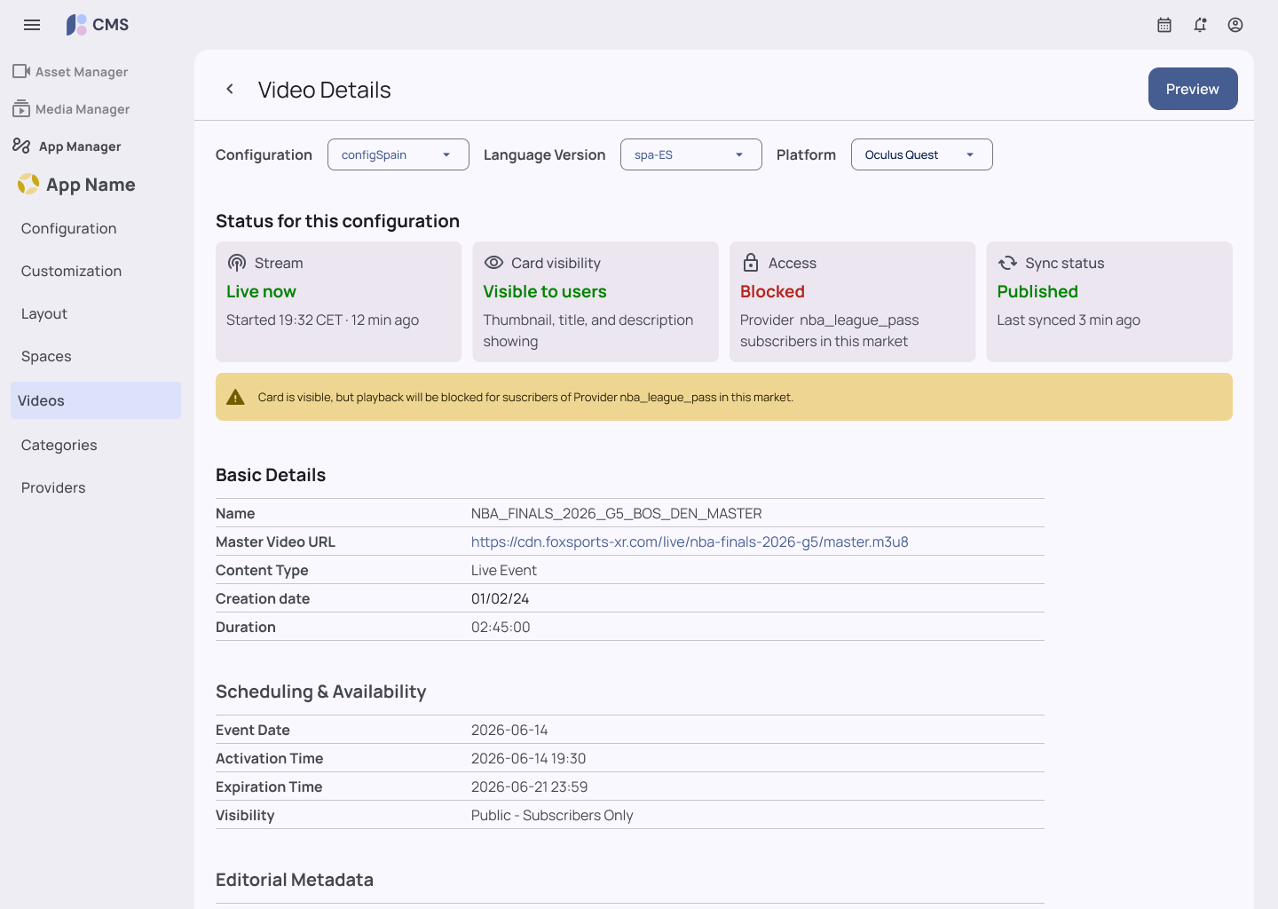Video Details — resolved config, language, and platform view