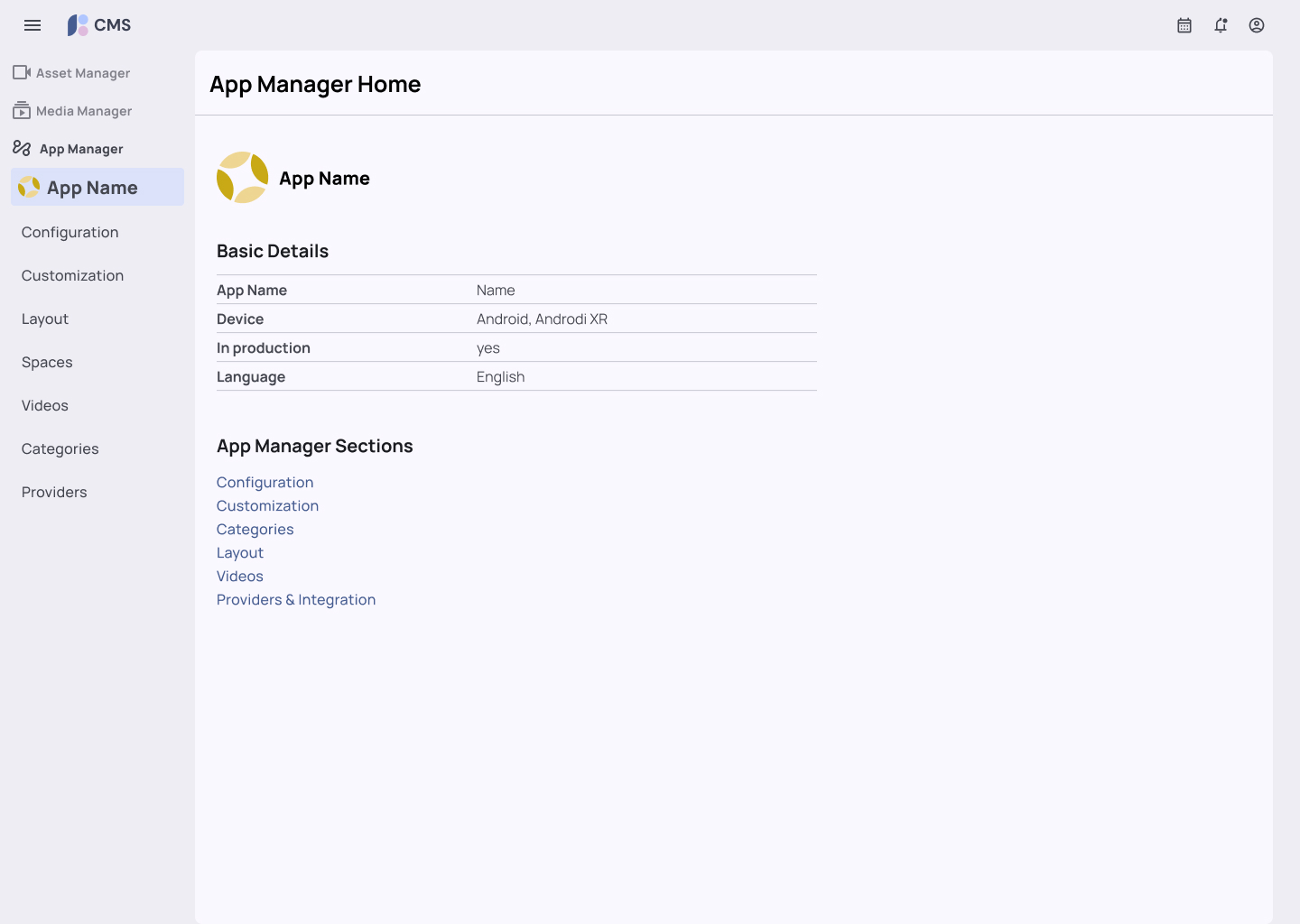 App Manager Home — configuration surfaces for an app