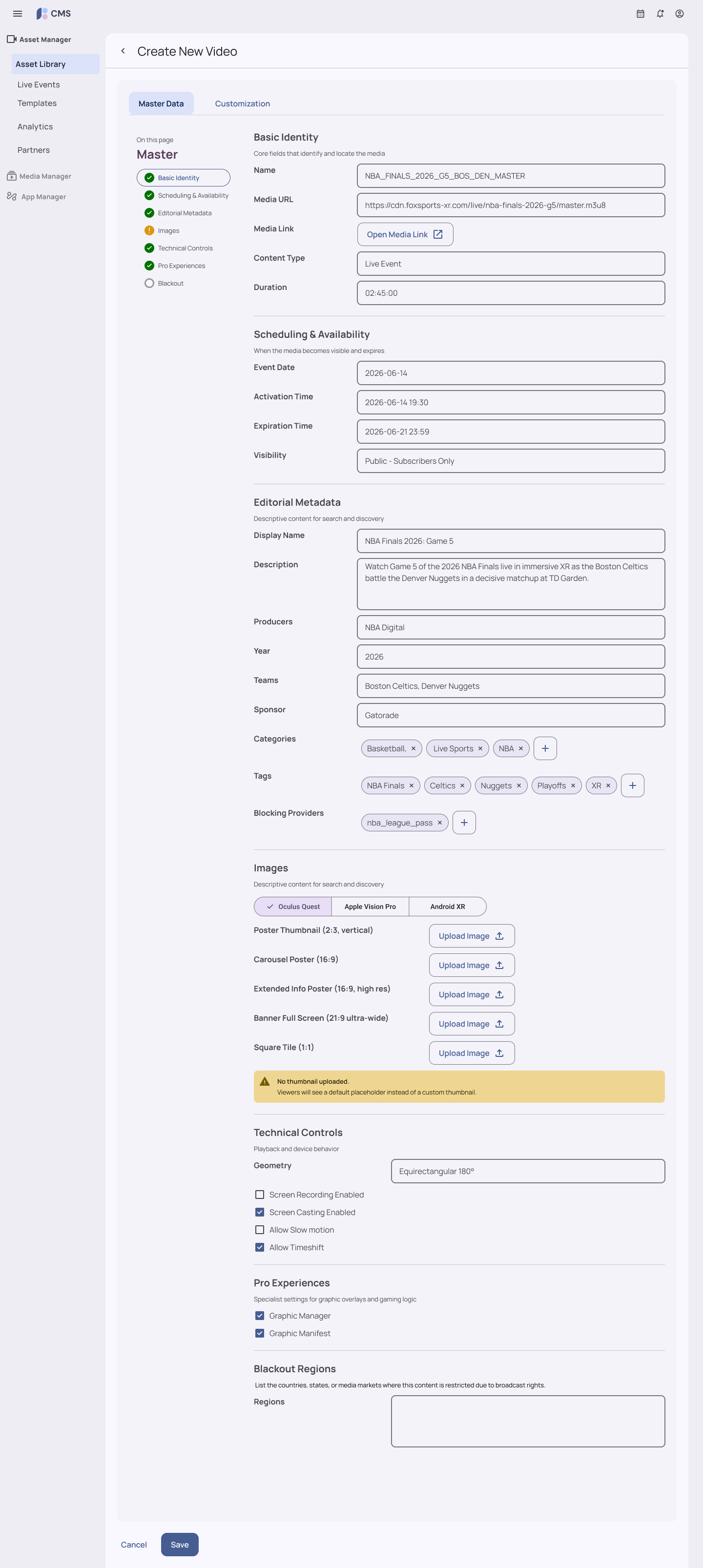 Create New Video — Master Data tab, reusable content entity