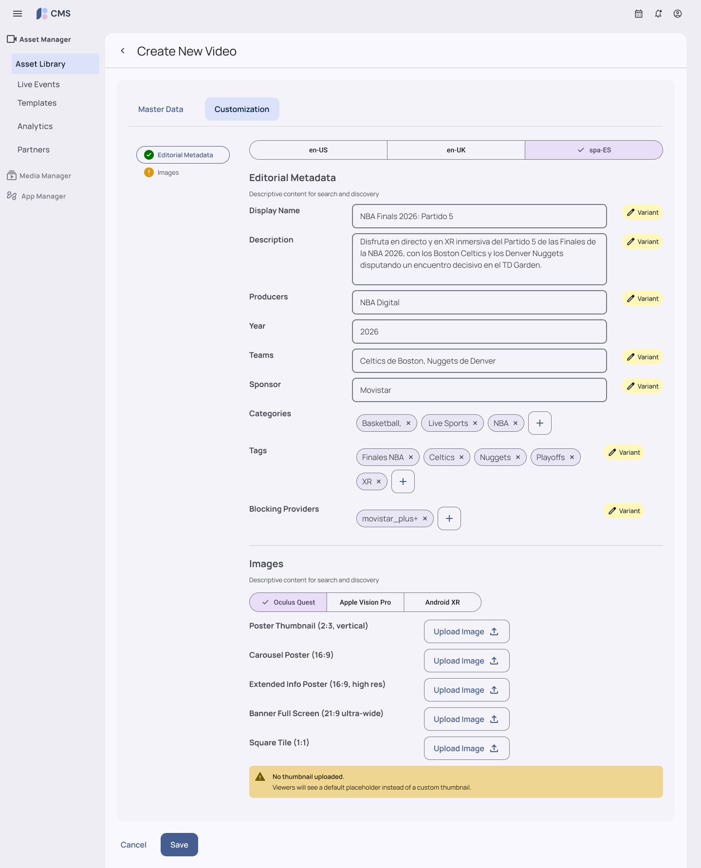 Create New Video — Customization tab, per-locale variant overrides