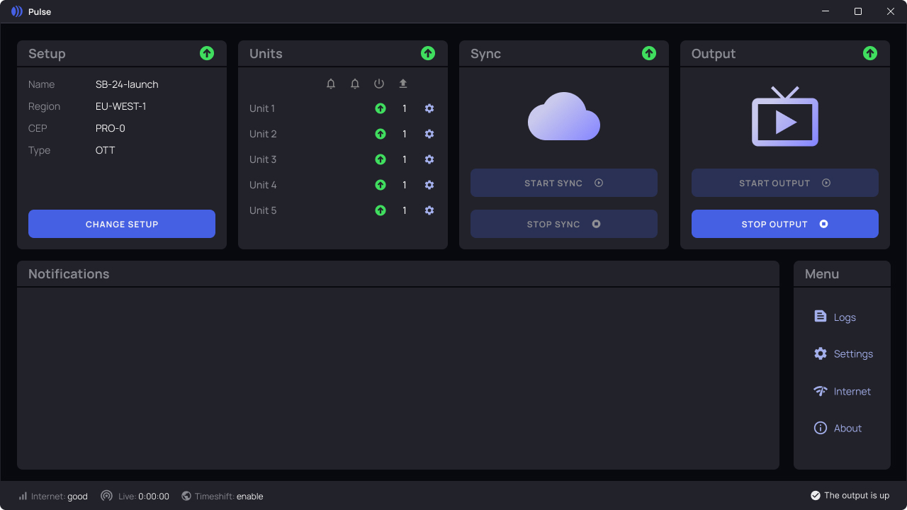 Running state — green icon, Stop Label now the active action