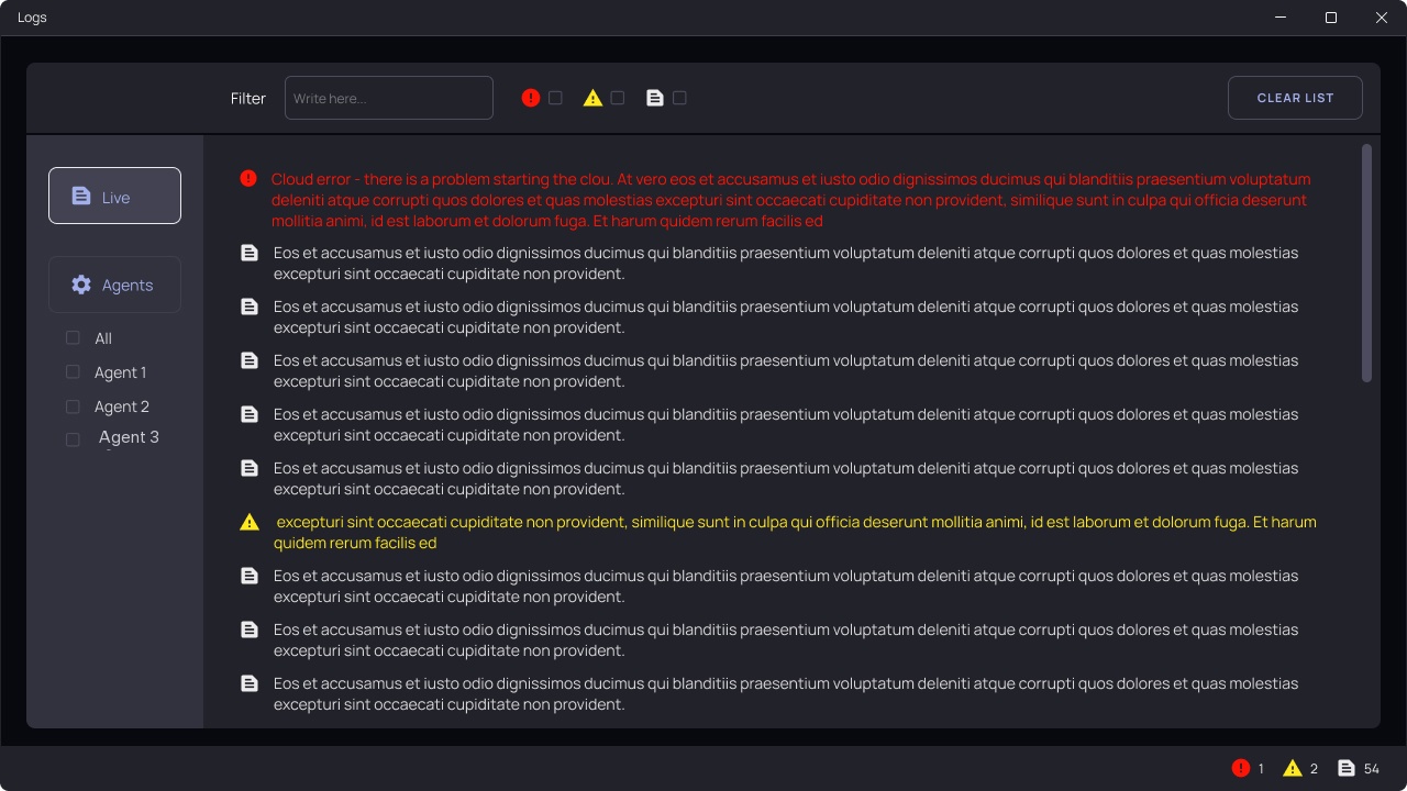 Log viewer — filterable by severity (error, warning, info)