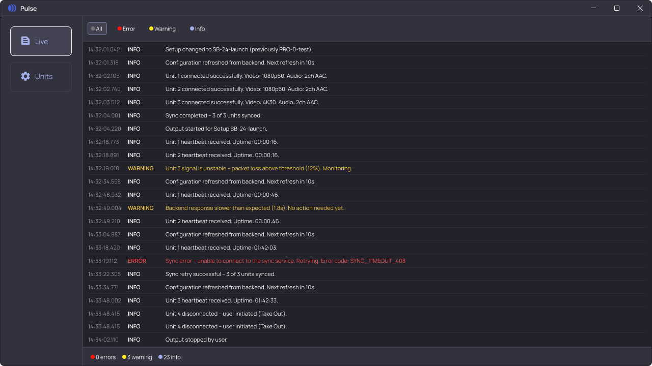 New design — logs dashboard, filterable and color-coded by severity