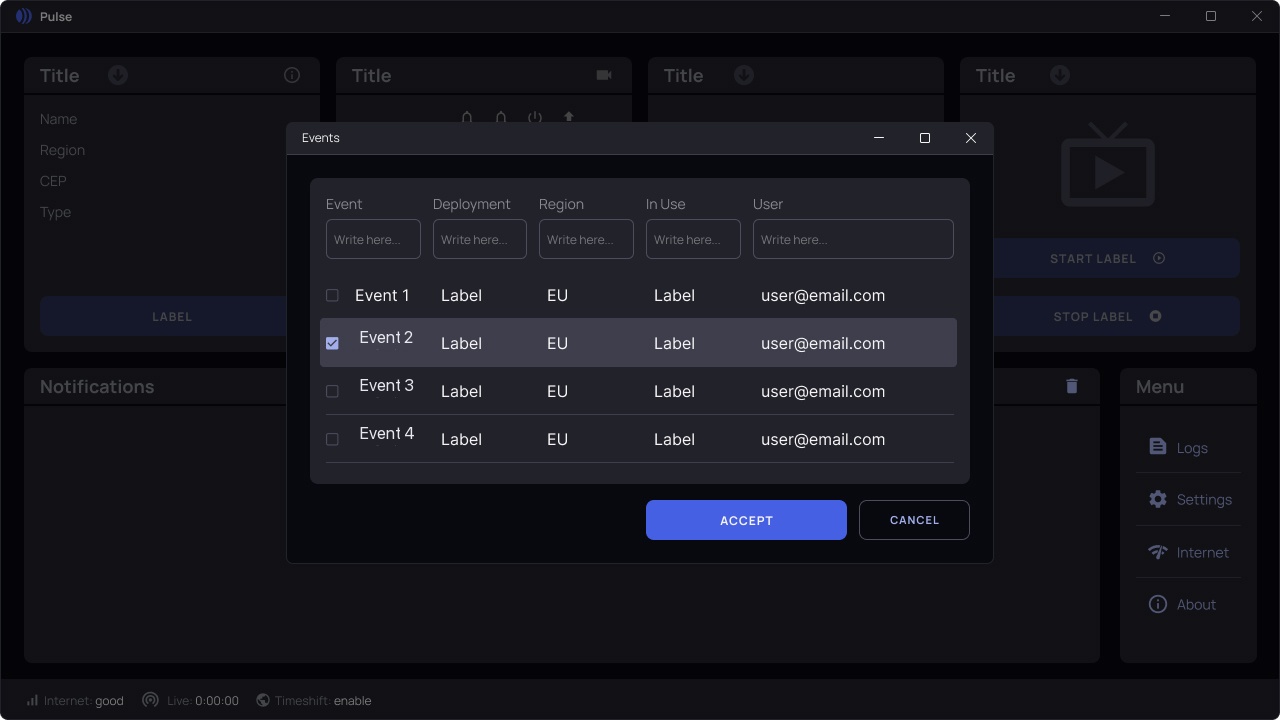 Events table — filterable by region and usage status