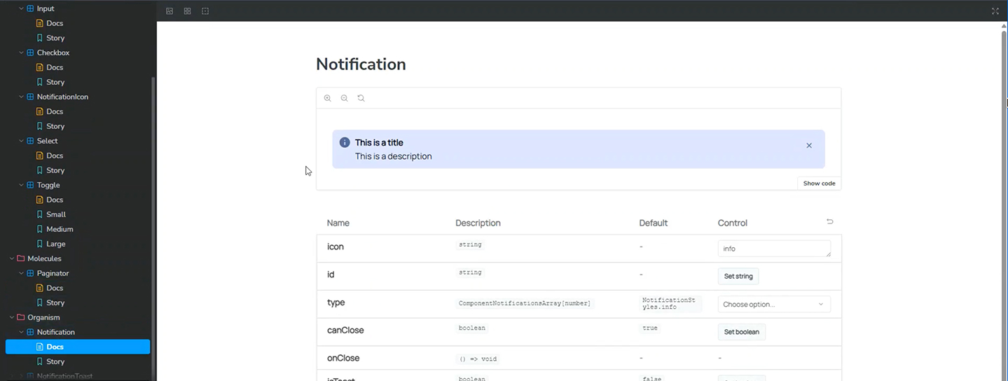 Notification component documented in Storybook — props like isToast and canClose match the Figma naming